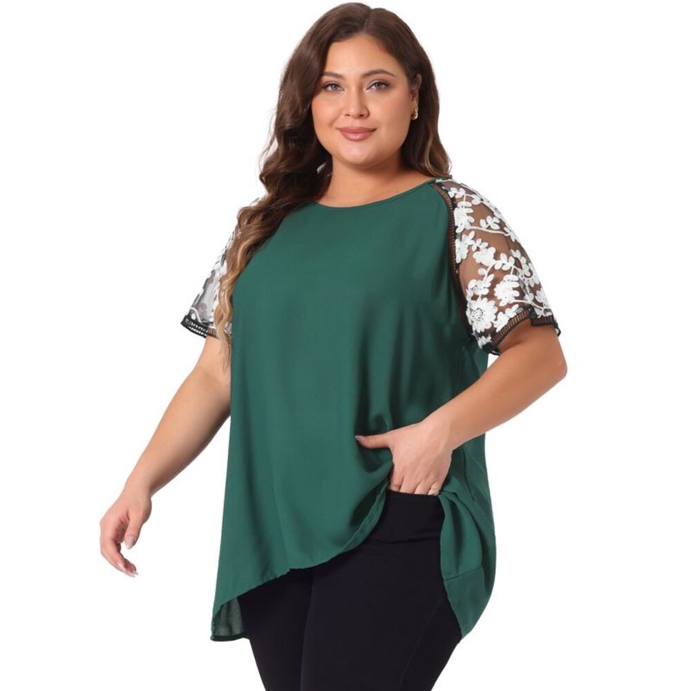 Plus Size Sheer Tops Mesh Panel Crochet Raglan Sleeves Blouses Dark Green